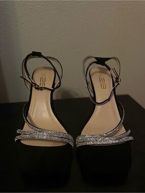 X2 Black Rhinestone Strappy Block-Heel Sandals